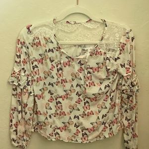 Beige Butterfly Top with Lace Tie Up U Neck